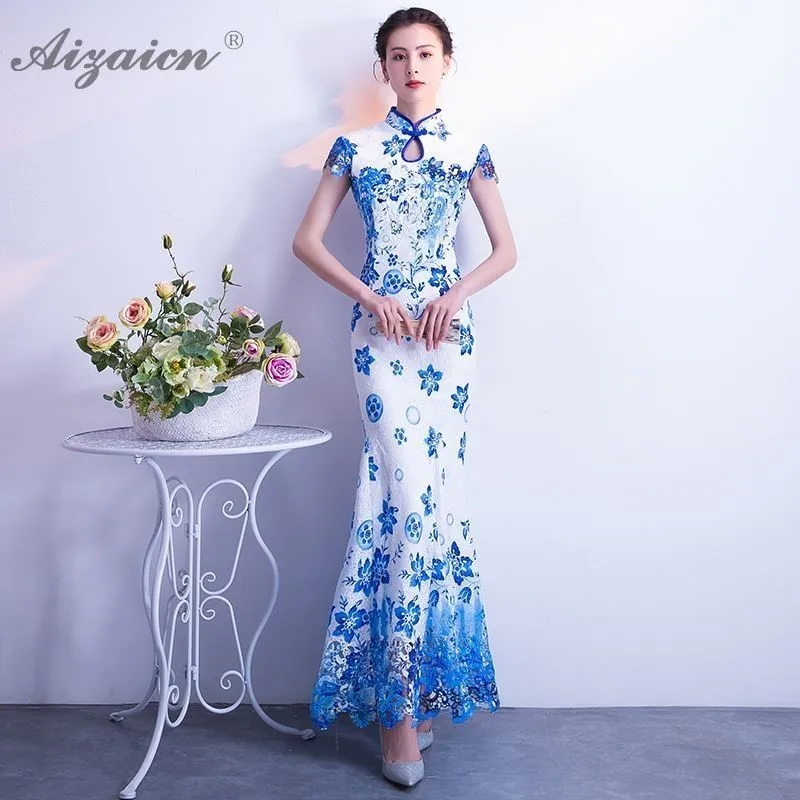 Модерано sirena azul Banco largo Cheongsam las mujeres chino vestido de noche Qipao Longue Femme Chinoise винтажные платья