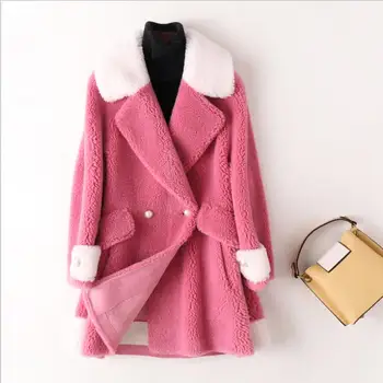 

High quality Winter Coat Women 2019 winter new grain sheep sheared coat color matching Mid-Length Faux Fur Jacket coat female
