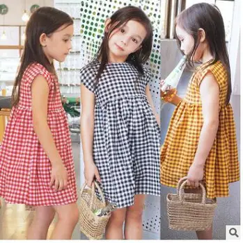 

WASALONG new Girls Plaid Dress Summer Baby Short Sleeve Princess Dress Fashion Korean Children's Dress