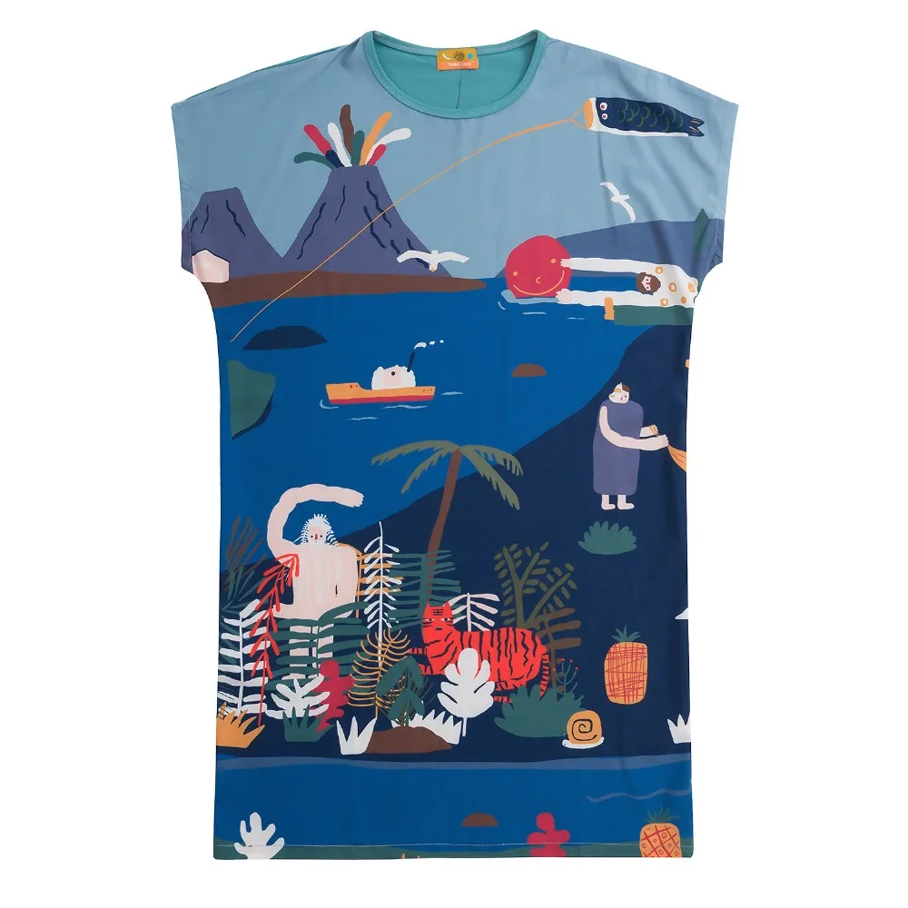 

2019 Fashion Korean Original Design Chiffon Stitching Cotton Back Loose Dress Summer Short Sleeve Casual Print Cute Dress