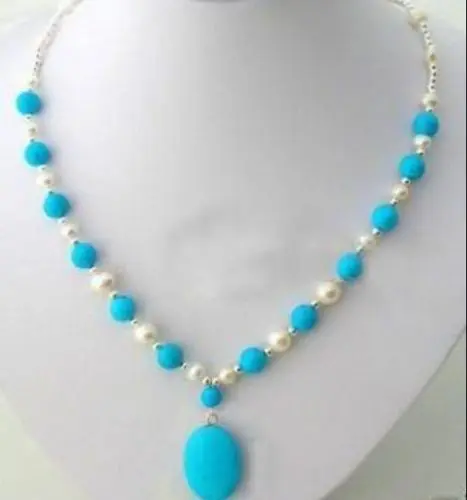 

NEW N188 Beautiful White Freshwater Pearl&Turquoise Necklace