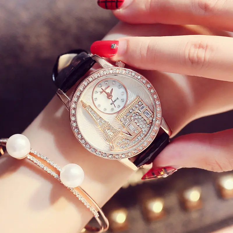 

Relogios Feminino 2018 New Luxury Brand Women Large Dial Quartz Watch Fashion Diamond Paris Eiffel Tower Genuine Leather Watches