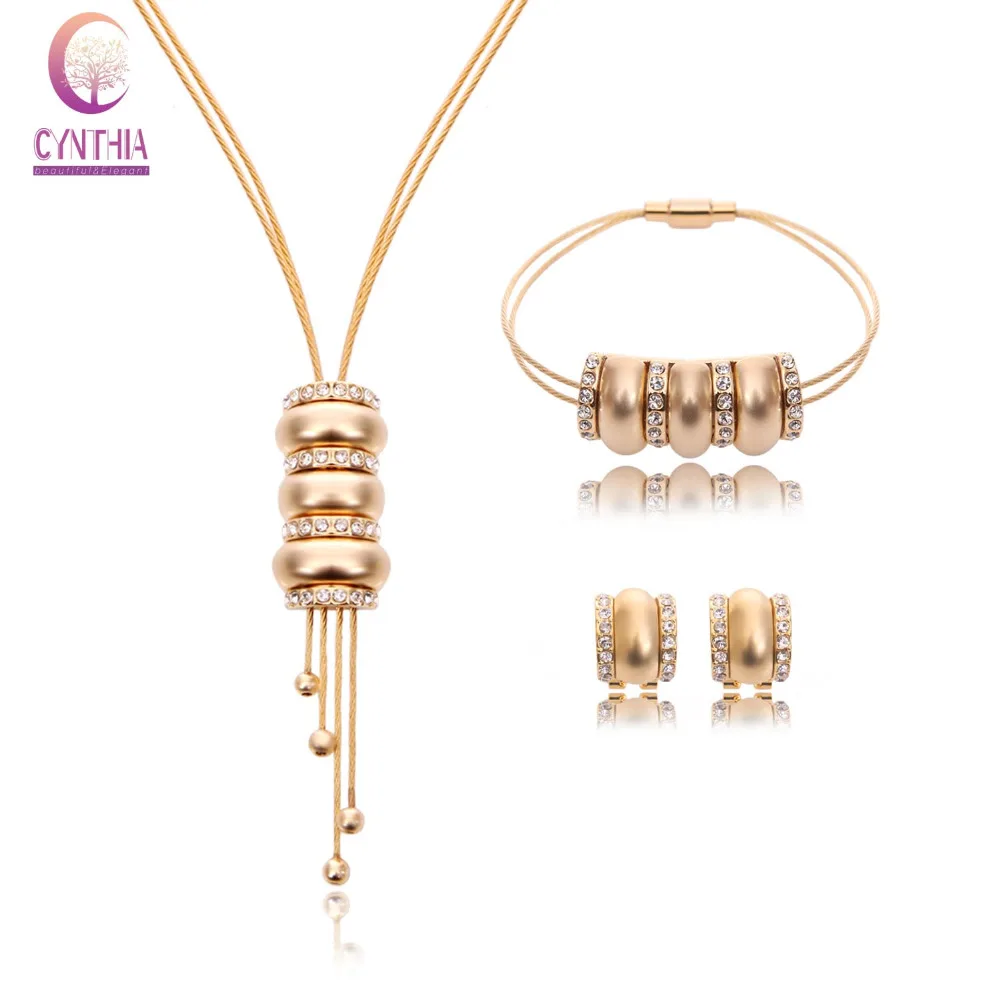 Necklace Set For Women African Beads Crystal Jewelry Sets Fine Tassel Pendant Earring Bangle Three layers Choker Accessories | Украшения и