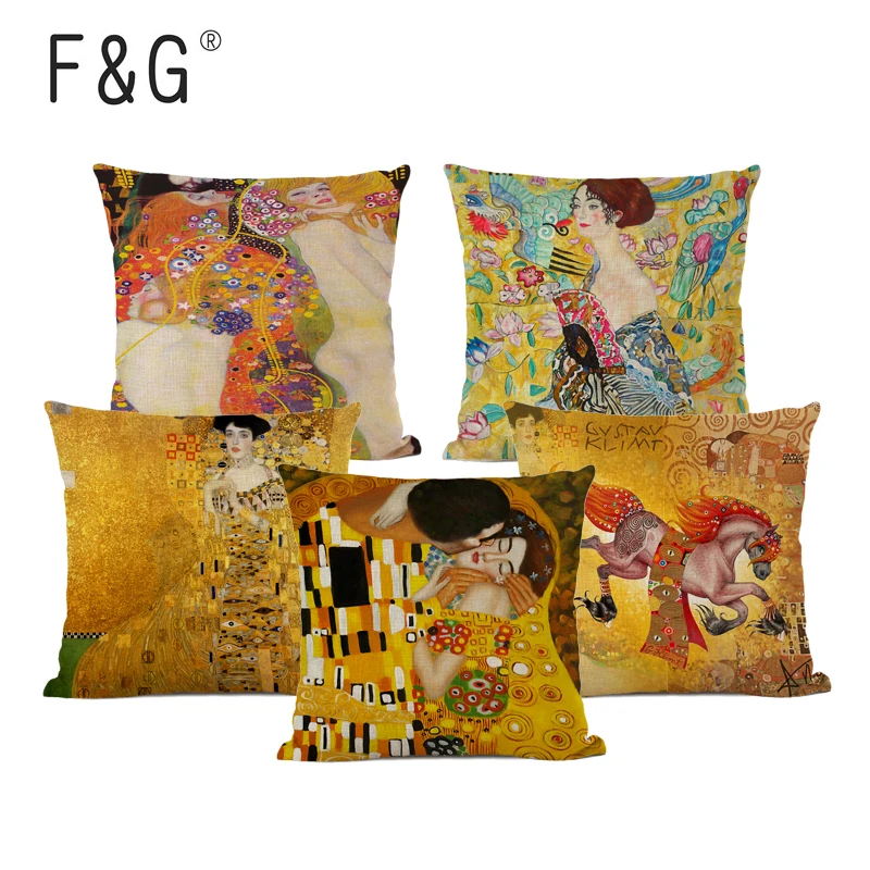 

Gustav Klimt The Kiss Linen Cushion Cover Retro Oil Painting Decorative Pillows Custom Pillowcase Home Decor Throw Pillow Cover