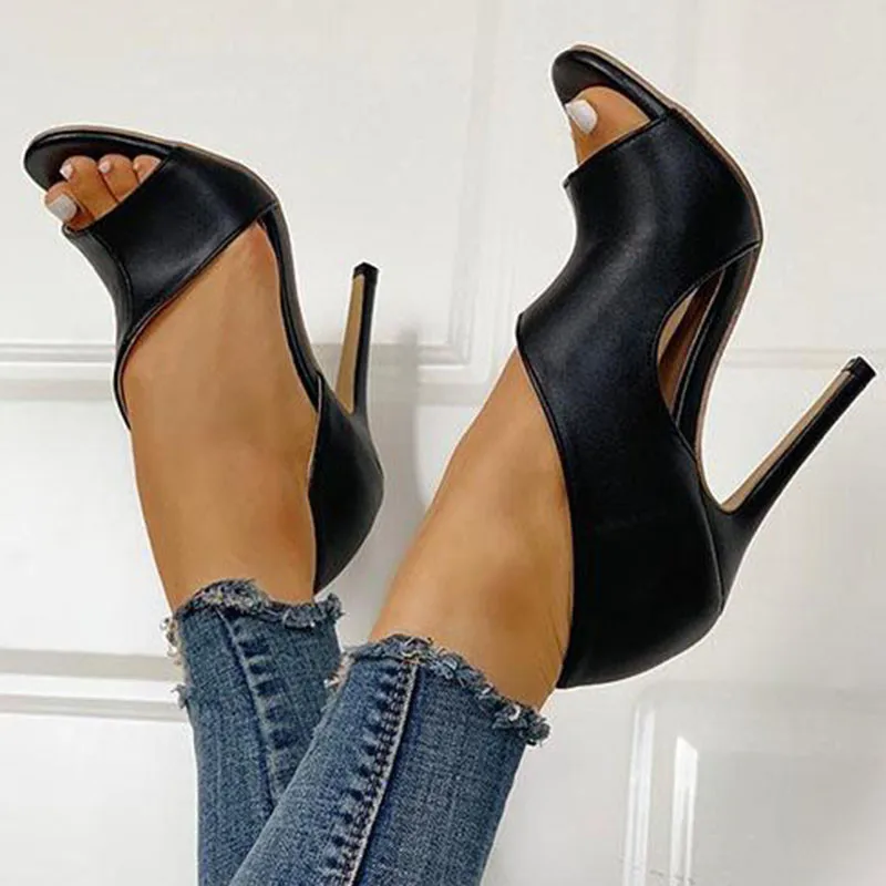 Sexy Women Irregular Pumps High Stiletto Heels Leather Black Open Toe Ladies Sandals Party Wedding Shoes Chaussures Femme X003W