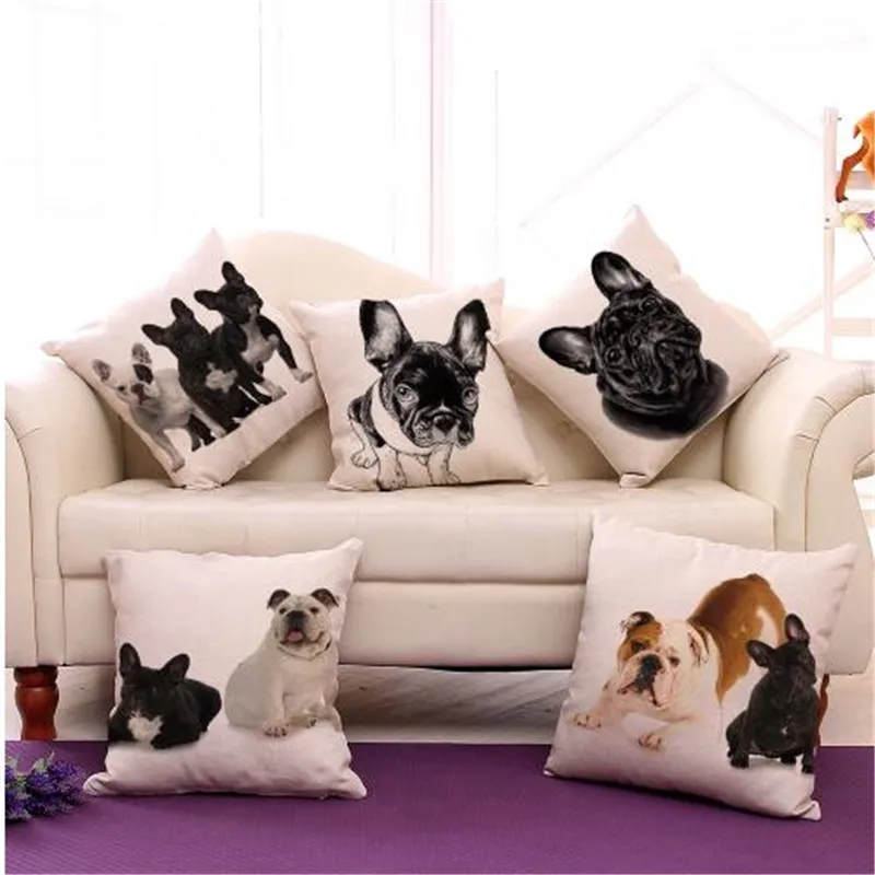 

18"Cotton Linen French Bulldog Digital Print Square Decorative Throw Pillow Cushions For Sofa Car Home Decor No Fill
