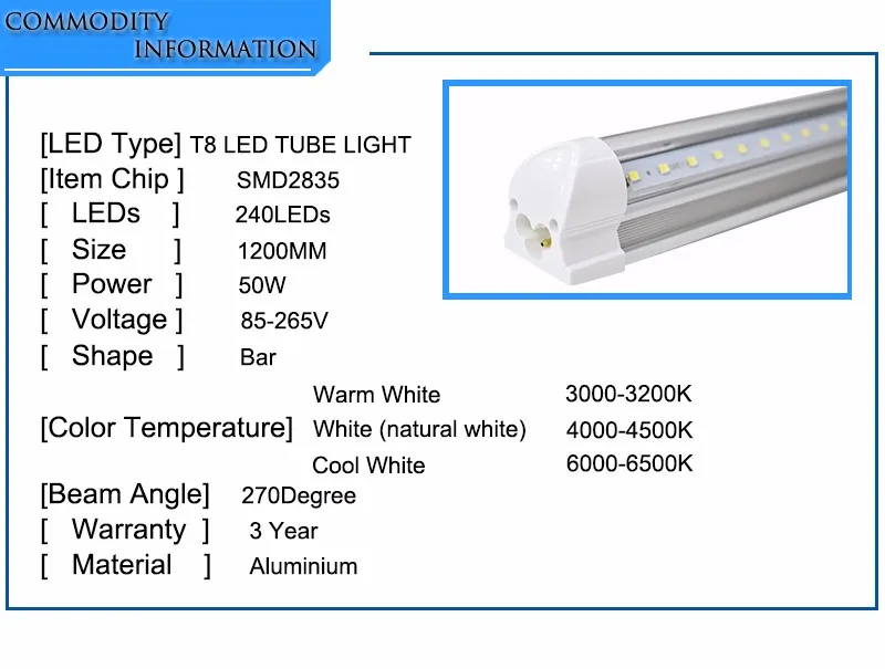 Toika 100 шт. V-образный integrated 40W50W 1200 мм T8 СВЕТОДИОДНЫЕ ТРУБКИ 5000 К t8 led встроены светодиодные трубки свет SMD2835 192led/240led/pc