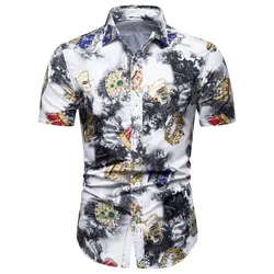 Мужская рубашка бренд 2018 мужские рубашки высокого качества с коротким рукавом повседневные 3D Гавайские рубашки Slim Fit черные мужские