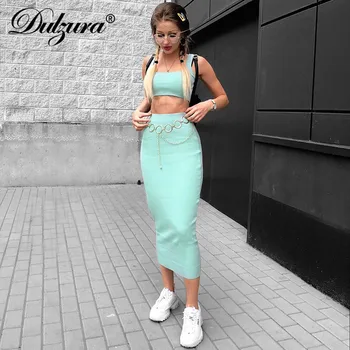 Dulzura neon ribbed knitted women two piece matching co ord set crop top midi skirt sexy festival party 2019 winter clothing 1
