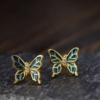 

S925 silver bluing process stud earrings Colored enamel female contracted butterfly modelling silver earrings