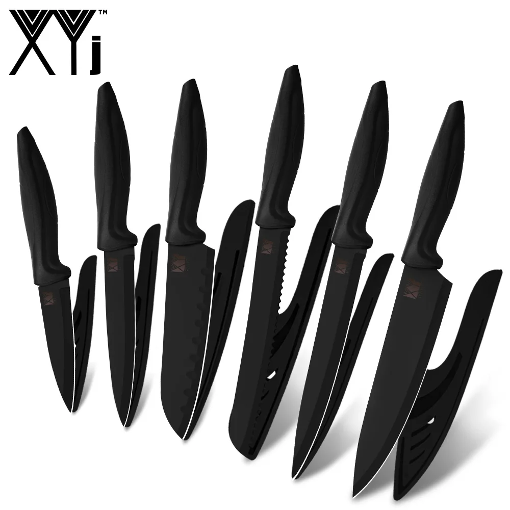 XYj 6pcs Knife Set Slicing Cleaver Bread Santoku Chef Knife 3Cr13 Black Steel Cooking Kitchen Knives Set With Utility Covers - Цвет: 6 Pcs Set