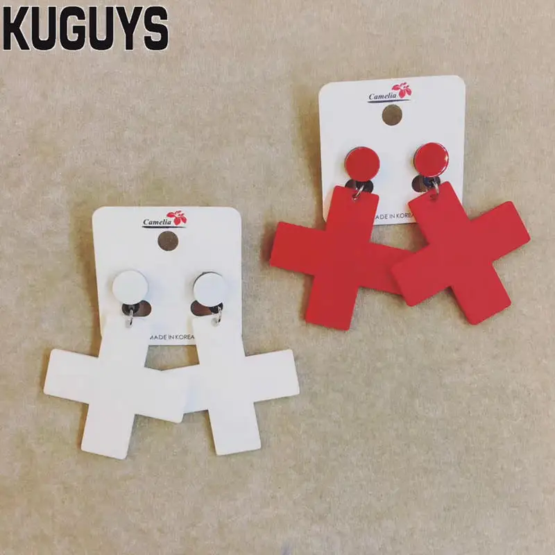 KUGUYS Fashion Jewelry Oorbellen Acrylic Red White Black Cross Earrings for Women Pendientes Trendy Drop Earring DJ DS Brincos - Image 3