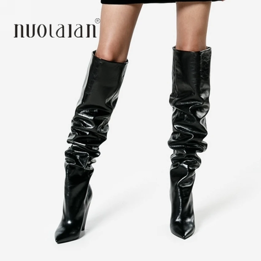 Tanie Damskie buty do kolan skórzane buty do zakolanówki 2019 jesienne zimowe damskie moda futrzane ciepłe buty na wysokim obcasie buty śniegowce kobieta