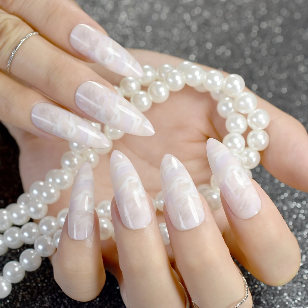 

White Jade Marble Shell Stiletto False Nail Extra Long Sharp White Pink Stone Texture Fake Nails Faux Ongles Acrylic Nails Tips