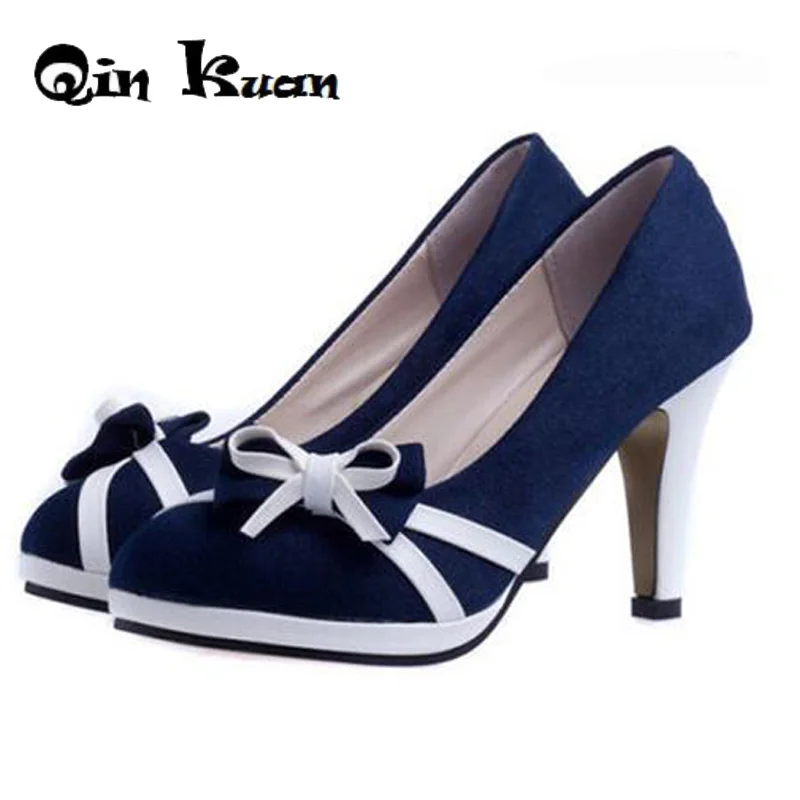 

Qin Kuan Women High Heels Office Shoes Spring Women Pumps Bowtie Ladies Round Toe Stiletto Sweet European Girl Shoes Size 34-39