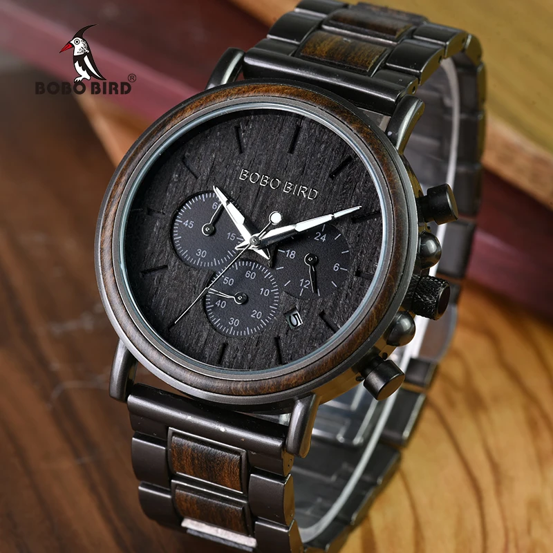 Reloj BOBO BIRD de acero inoxidable y madera de lujo para hombres, reloj de cuarzo con cronógrafo hecho en madera, reloj masculino WQ26-1