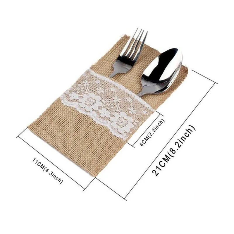 1pcs Jute Hessian Burlap Linen Lace Cutlery Holder Vintage Birthday Wedding Party Decorations Tableware Supplies 62054 - Цвет: A