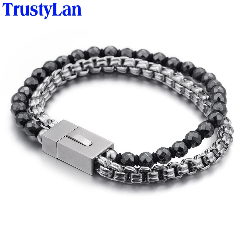

TrustyLan 316L Stainless Steel Beaded Charm Bracelet Men Double Layer Glass Beads Mens Bracelets & Bangles Best Friend Jewelry