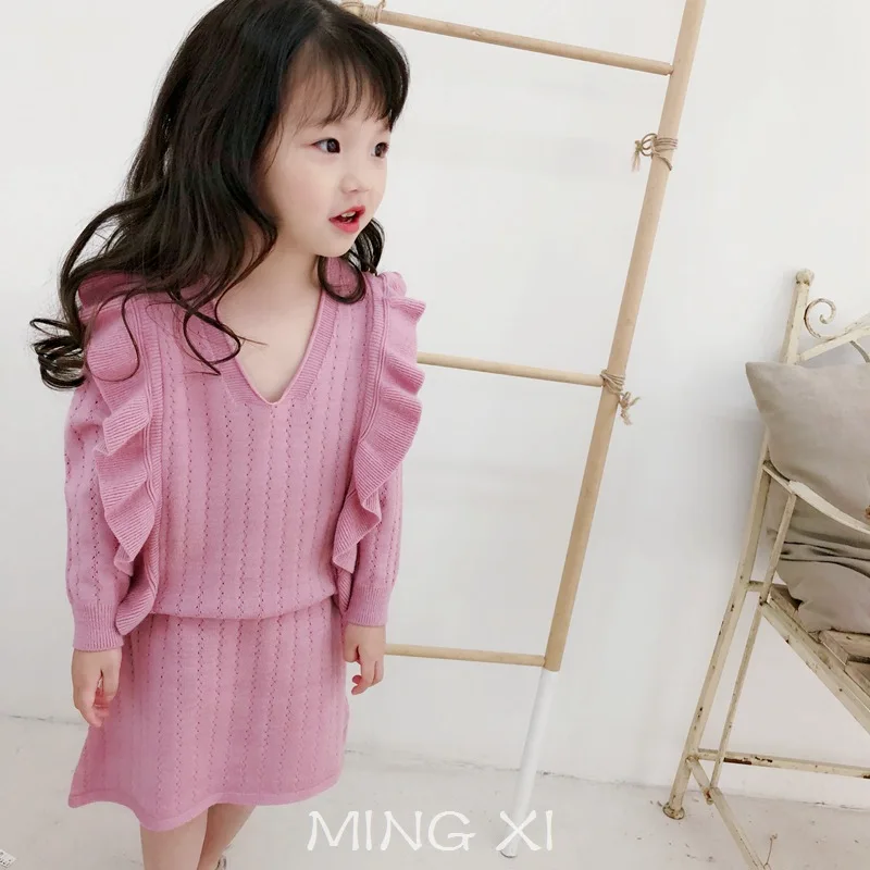 

Kids 2018 autumn new children's clothes two-piece suits girls knit sweater with knitted skirt flounced