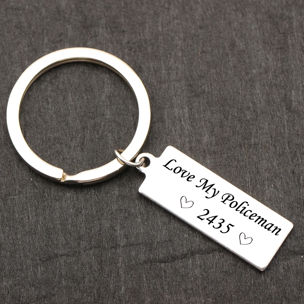 

personalized No. Stamped Keyring Policeman Key Tag Keychain Keys holder Gold Silver Keyring Heart Engraved Gift from Police wife
