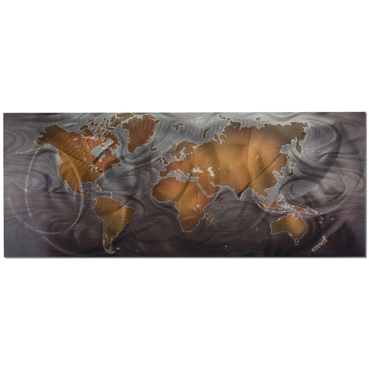 Map Artwork - Travel Art 'Bronze/Pewter Land & Sea' - 48x19in. - Rich Abstract World Art. World Map Art Prints