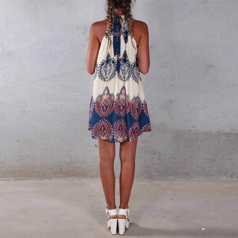 Casual Loose Holiday Beach Party Dress Woman Halter Sleeveless Short Dresses Ladies Summer Floral Printed Dress Mini Vestidos