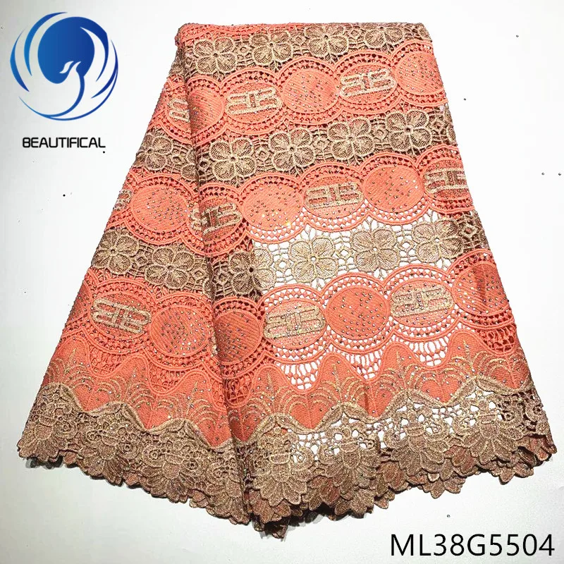 

BEAUTIFICAL nigerian lace fabrics Hot sale water soluble lace fabric for wedding 5yards guipure cord lace with stones ML38G55