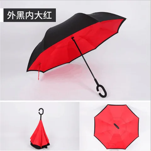 Складной обратный двухслойный зонтик перевернутый ветрозащитный дождь автомобиля зонты для женщин - Цвет: Red