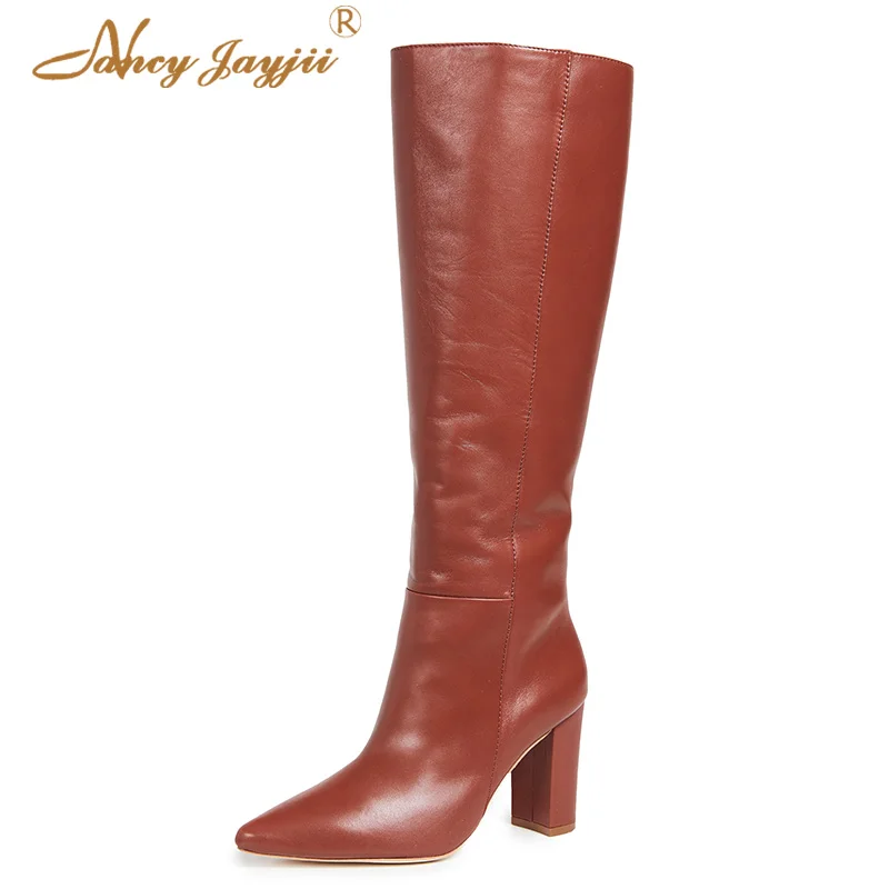 

Brown Winter Ladies Patent Leather Knee High Boots Slip-On Pointed Toe Chunky Heel Short Plush Shoes Woman Solid Concise 38