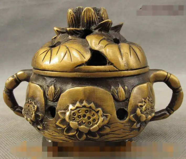 

S01327 Folk Chinese Bronze Auspicious Lotus Flowers Shape Statue Incense Burner Censer B0403
