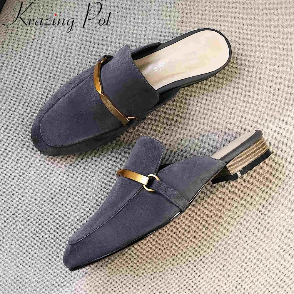 

Krazing pot concise style metal decoration square toe slip on mules low heels round toe full grain leather gathering pumps L54