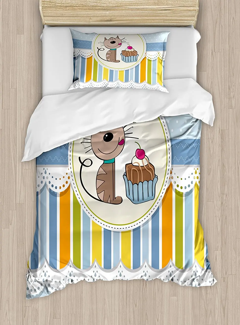 

Duvet Cover Set Twin Size, Present Wrap Like Image with Chocolate Cake Figure and Kitten Party, 4 Piece Bedding Set