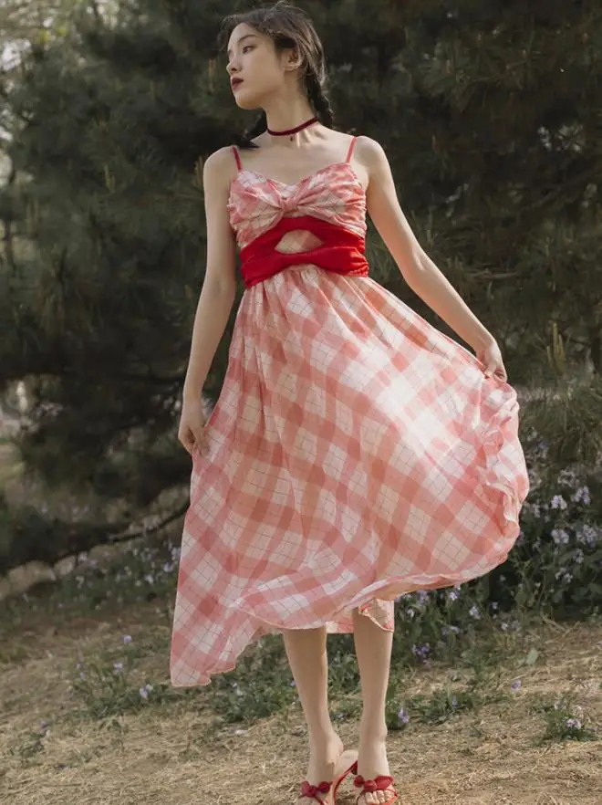 

Vintage Elegant Vintage Spaghetti Strap Plaid Midi Dress Holiday Beach Ladies Dresses Sundress Vestido