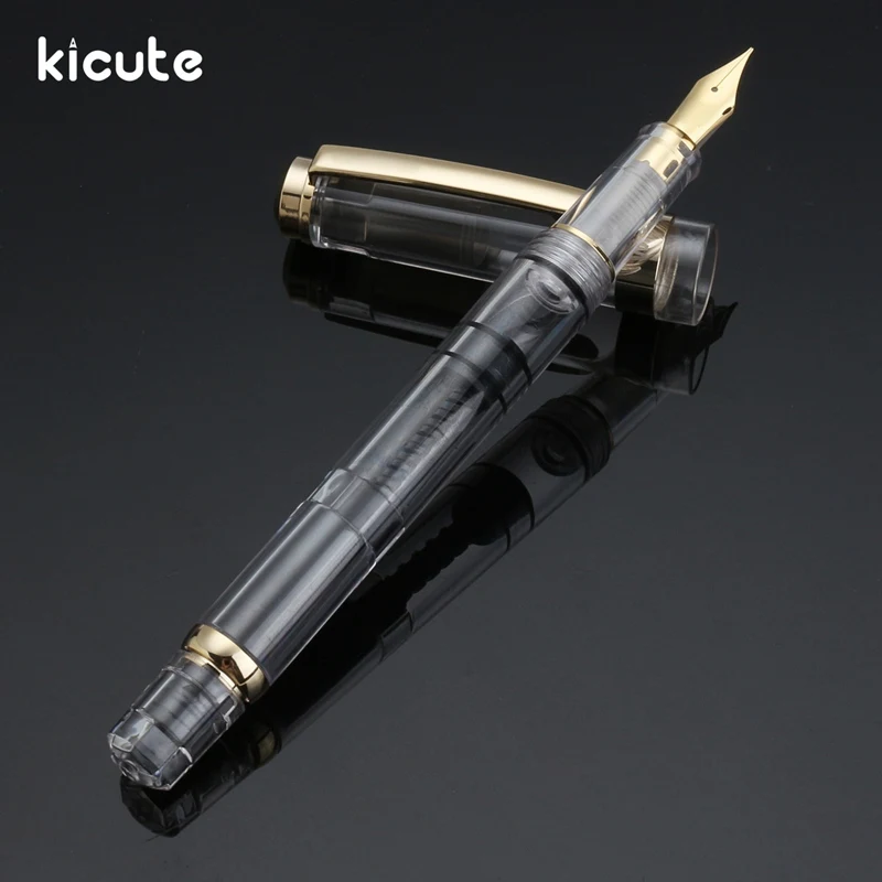 

Kicute Excellent Transparent Piston Fountain Pen With Gift Box Golden Clip Softer Fine Nib 0.5mm Bussiness Office Supplies