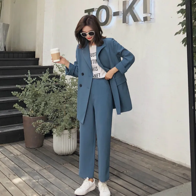 Women's suits 2019 new autumn casual solid color high quality double-breasted suit jacket fashion straight trousers suit