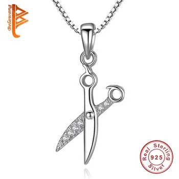 

BELAWANG Unique 100% 925 Sterling Silver Crystal Scissors Pendant Necklace for Women Chain Link Necklaces Personalized Jewelry