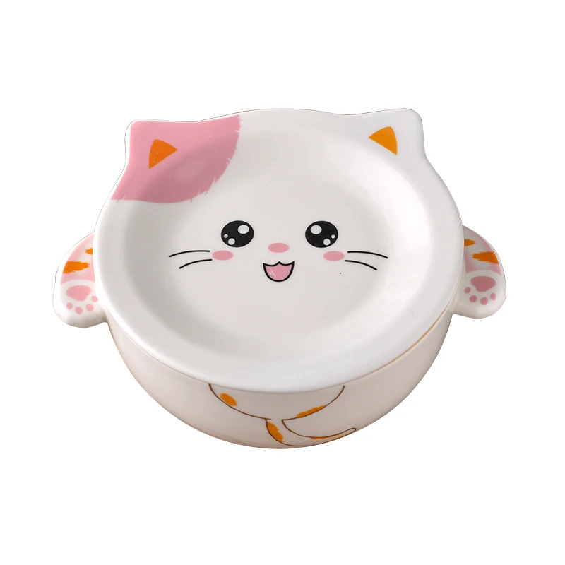 Керамика бинауральные анти-обжигающий супница милый кот лапши миска с крышкой Творческий японская столовая посуда студент риса 700 мл Q47