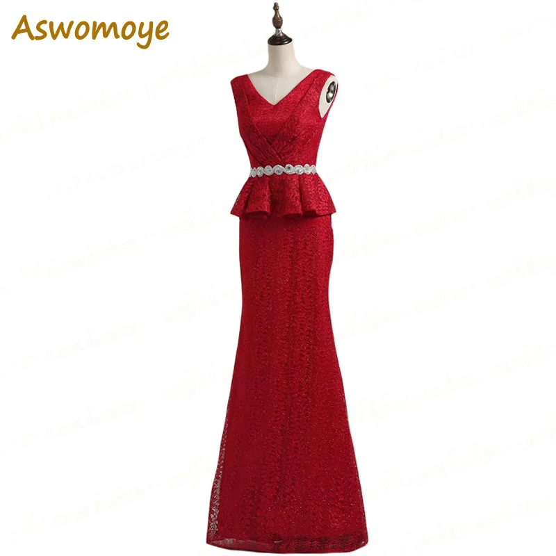 

Aswomoye Mermaid Evening Dress Long 2017 Lace Wedding Party Dress Beaded Sashes V-Neck Prom Dress vestido de festa
