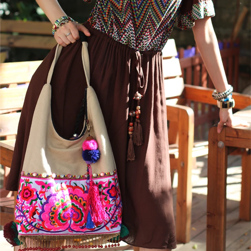 Новое поступление экзотические бежевые парусиновые двухсторонние вышитые женские сумки этнический Племенной кисточкой повседневные сумки на плечо