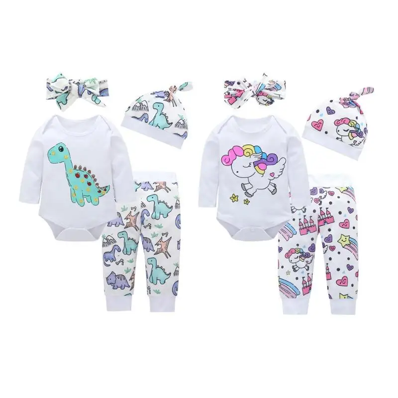 4PCS Newborn Baby Girls Boys Clothes Set Long Sleeve Rompers Pants Headband Hat Outfits Cute Cartoon animal Printed Bodysuits