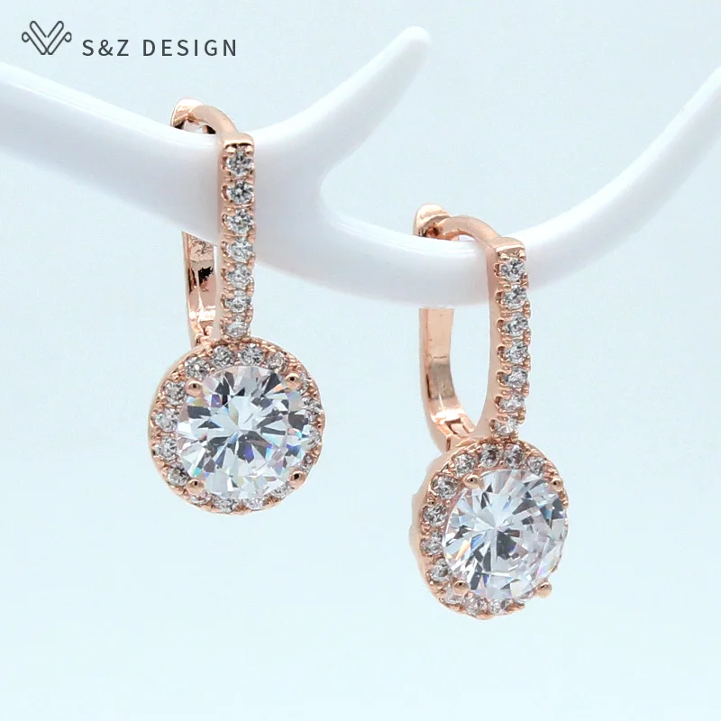S&Z DESIGN New Fashion 585 Rose Gold Color Round Cubic Zirconia Dangle Earrings For Women Wedding Party Jewelry Gift