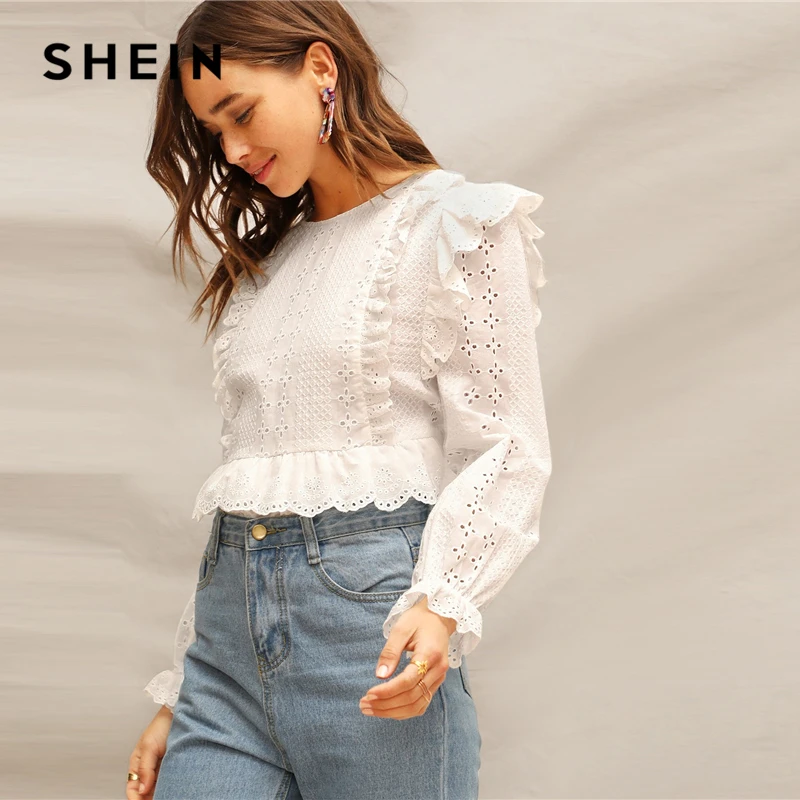 Skup SHEIN biała falbana wykończenia haftowane oczko Top falbany rękaw koronki bluzka kobiety wiosna stałe muszelki przód Boho eleganckie bluzki
