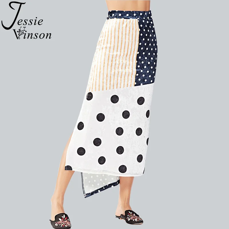 

Jessie Vinson Big Polka Dot and Stripes Patchwork Velvet Long Skirt Women Autumn Winter Irregular Polka Dot Velour Long Skirts