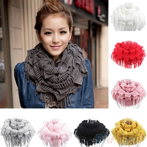 

Women's Warm Knitting Wool 2 Circle Cable Knit Cowl Neck Tassel Scarf Shawl 1RZE 7ELD