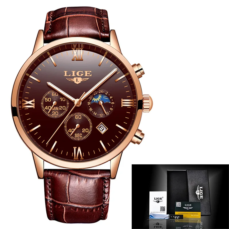 Gold brown LIGE Top Brand Luxury Mens Watches Casual Sport Waterproof Watch Men Leather Multi-function Dial Male Clock Relogio Masculino - Цвет: Gold brown