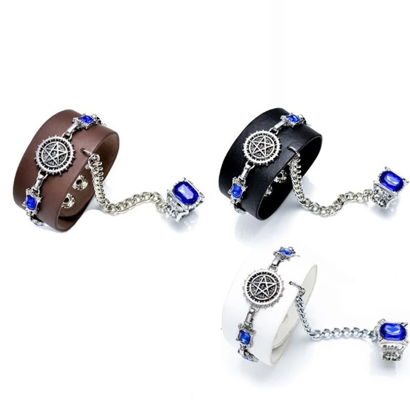 

1 Pc Hot sale Black Ciel Leather Wrap Chain Bracelet with Blue Gem Ring Anime Kuroshitsuji Cosplay Bangle Figure Toy
