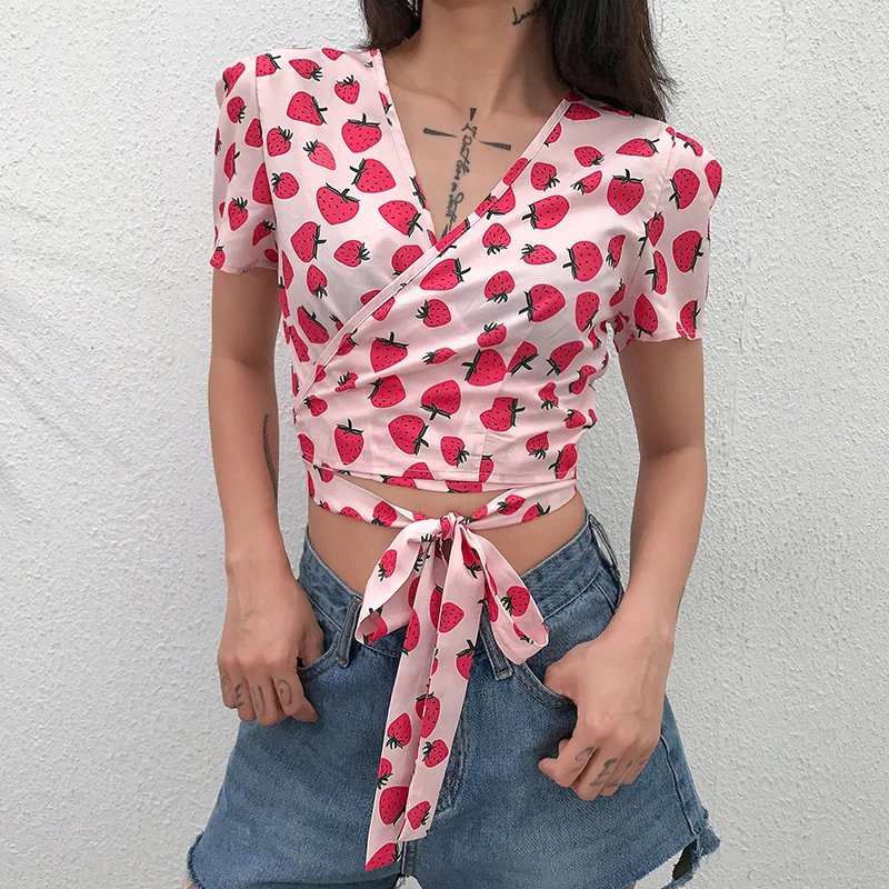 

Waatfaak Summer Wrap Bandage Crop T Shirt Beach V Neck Short Sleeve Basic Women Tshirt Graphic Pink Streetwear Tee Sexy Harajuku