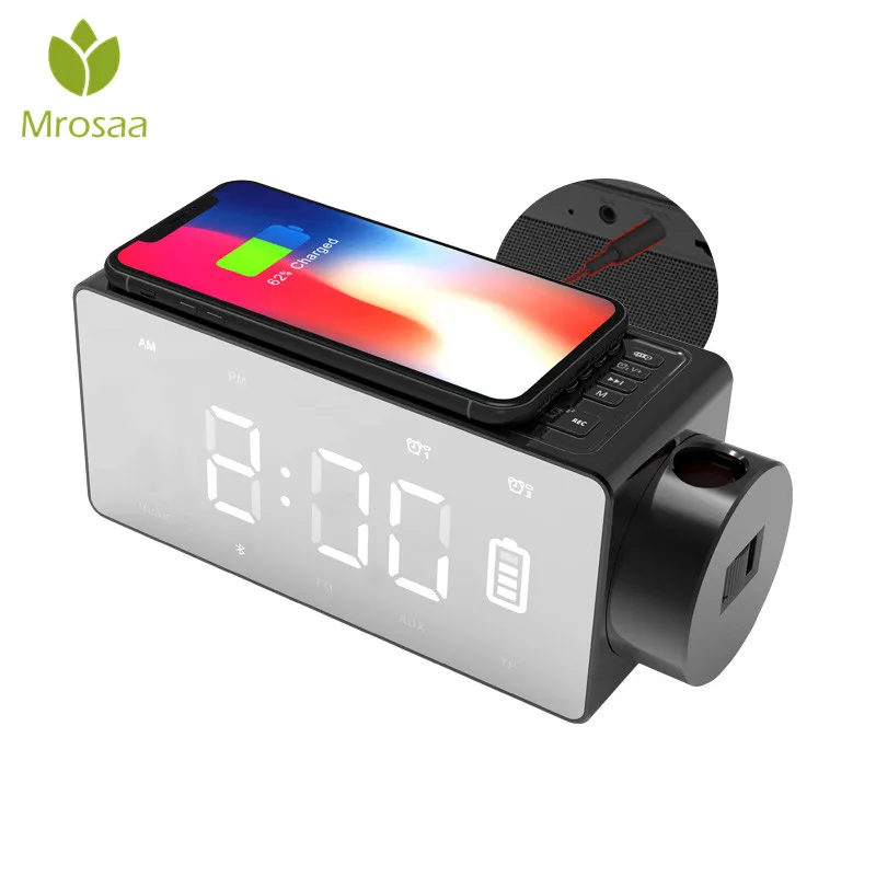 

Wireless Charging Projection Digital Clock bluetooth Speaker LED Large Screen Alarm clock Snooze FM DIY Alarm Music Table Clocks