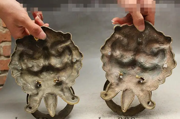 8 &quotНародная Китай Чистой Латуни Ручной резной Дракон Зверь Лев Дверной Молоток