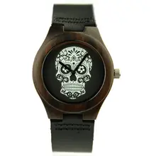 Skull Dial Bamboo Wooden Watches Women Man Wristwatches Leather Strap Analog Quartz Watch Lover Masculino Feminino Relogio